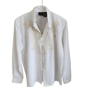 Womens 14 Laura Scott Ivory Angelcore Gold Embroidered Floral Button Blouse